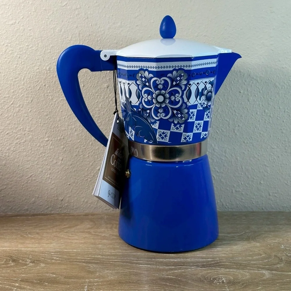 Brandani 9 Cup Italian Coffee Maker Aluminum Moka Pot Sicilian Pattern Blue - Picture 5 of 7